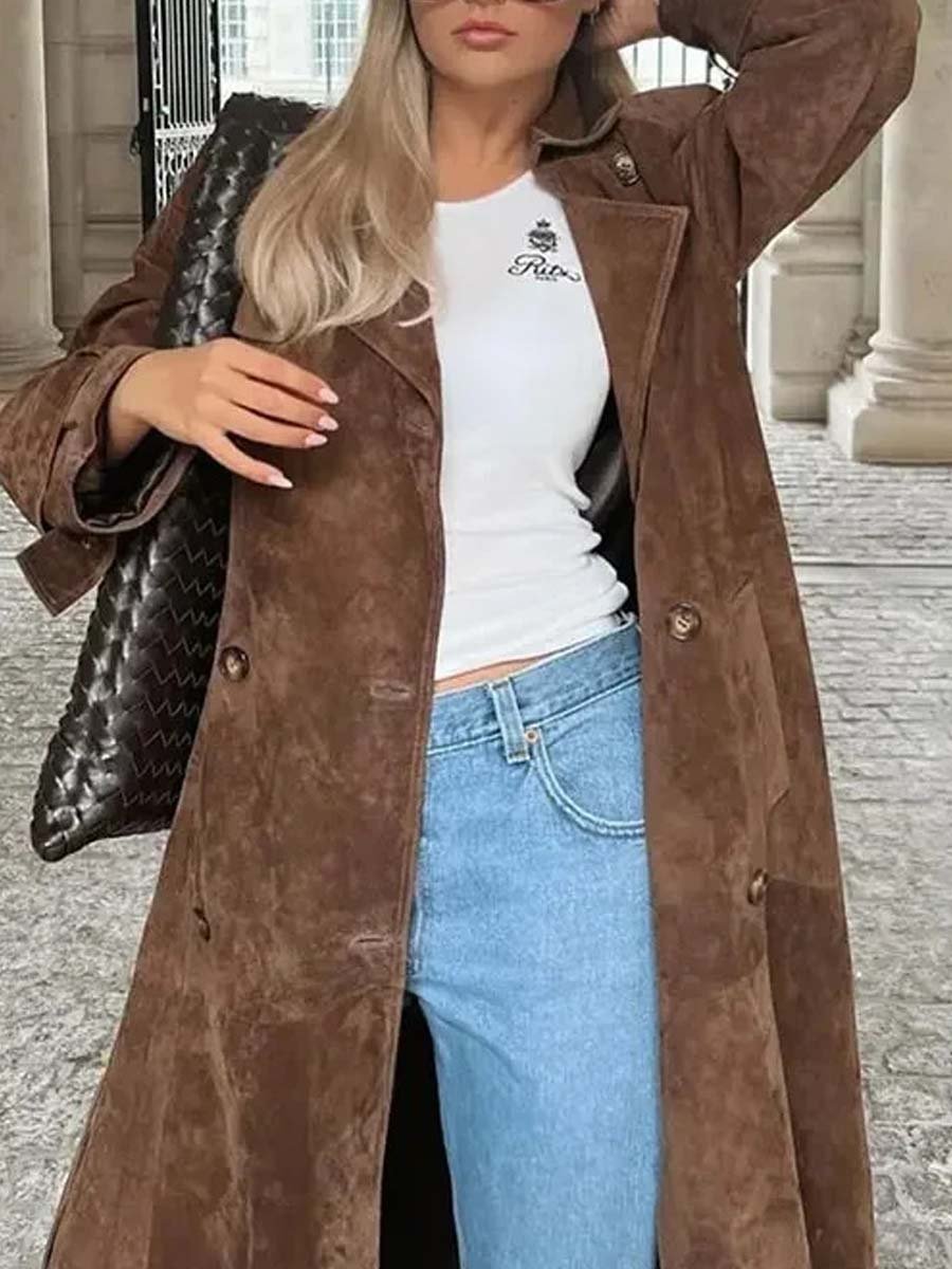 Women's Double-Breasted Lapel Suede Trench Coat