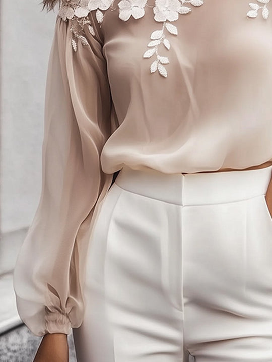 Sheer Floral Appliqué Blouse with Elegant Detailing