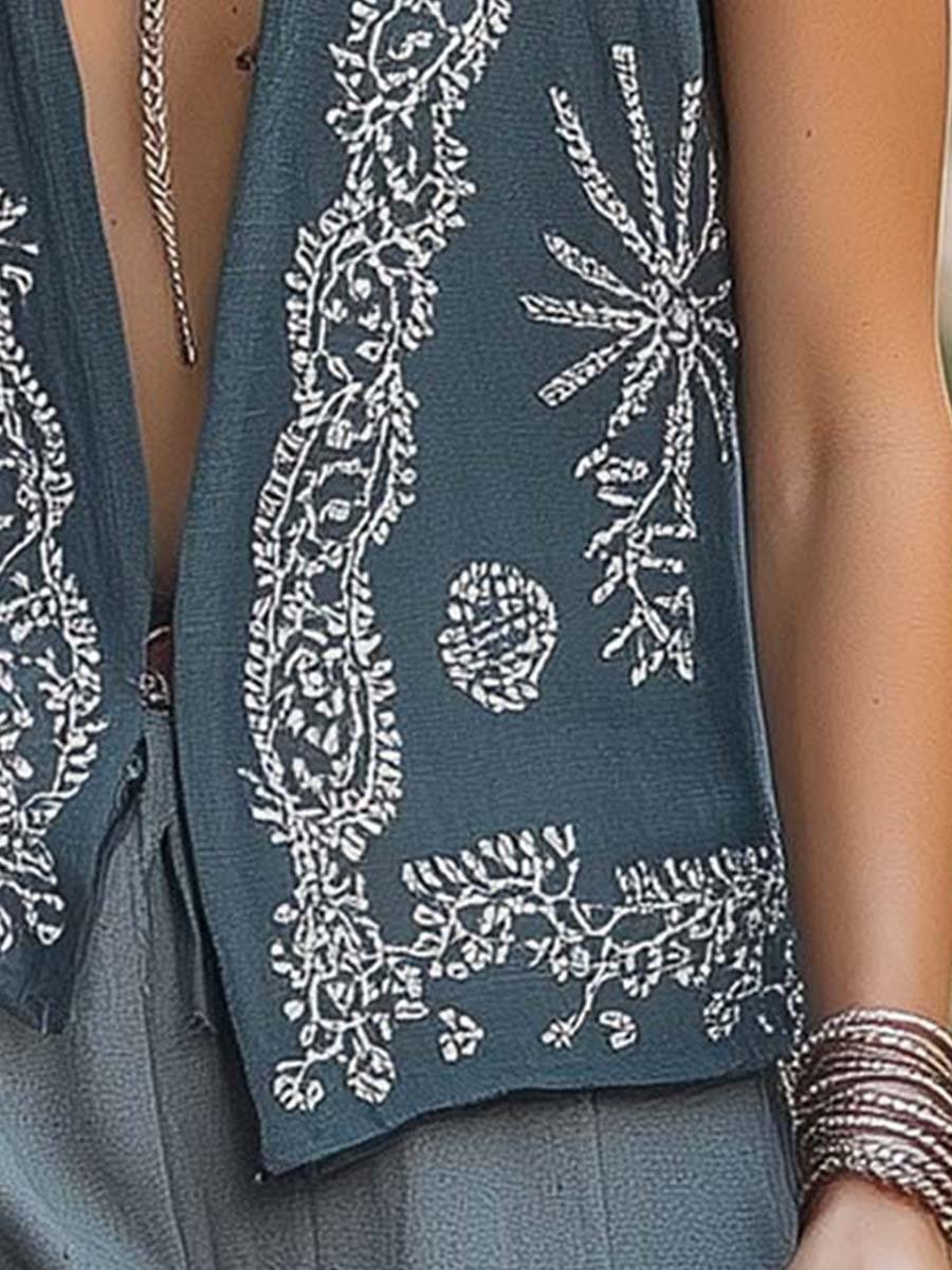 Embroidered Boho Open-Front Linen Vest