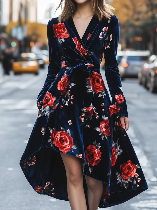 Vintage V-neck Velvet Rose Print Maxi Dress