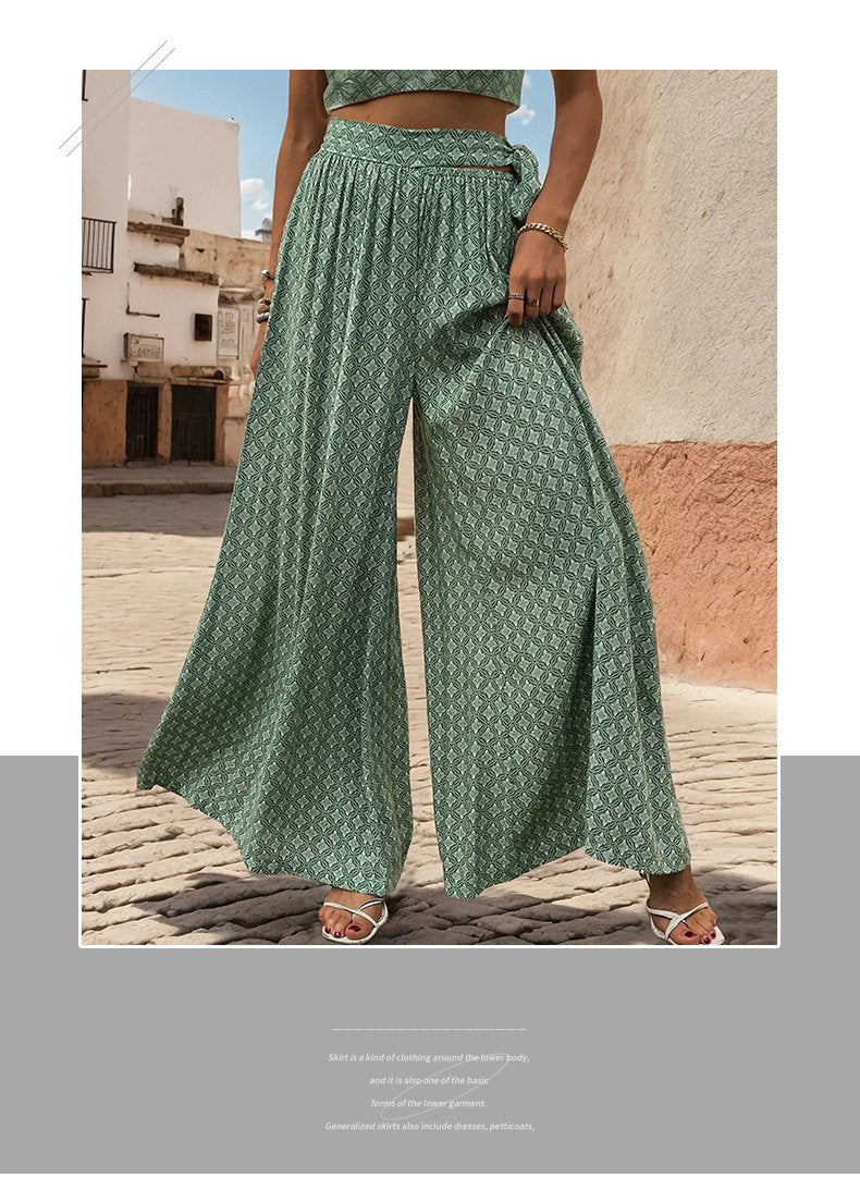 Lace-up High-waisted Casual Loose Wide-leg Pants 05182495YM