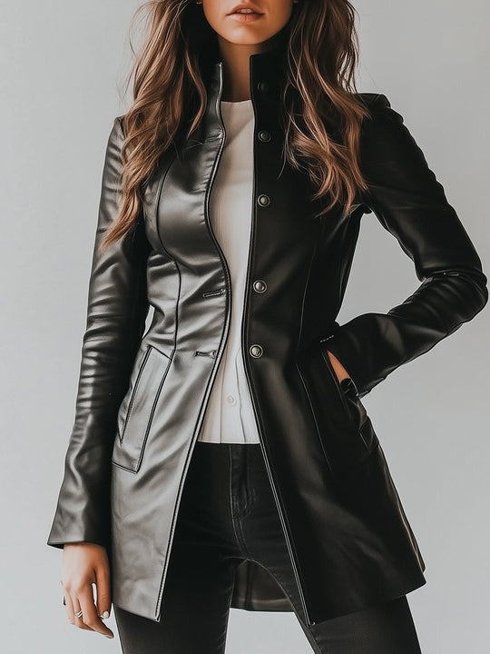 Stylish Stand Collar Waist-cinched Leather Trench Coat