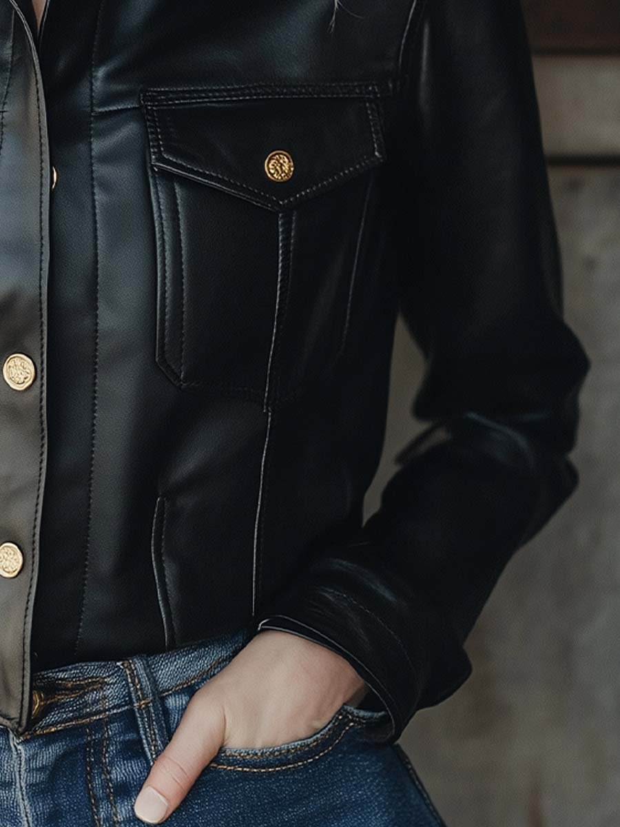 Vintage Gold Button Long sleeves Leather Shirt