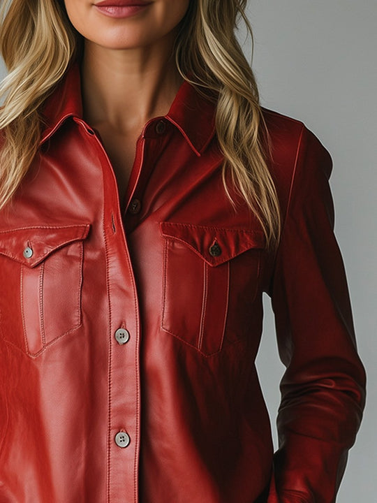 Red Vintage Casual Lapel Button Leather Shirt