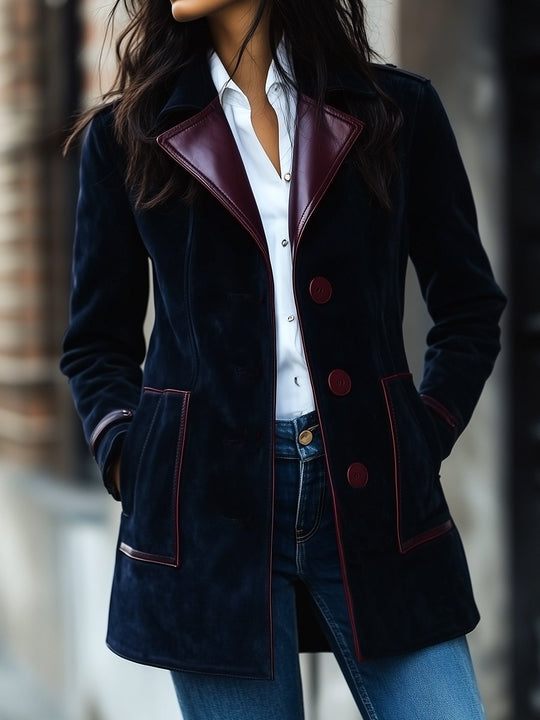 Retro Constract Leather Trim Suede Long Jacket