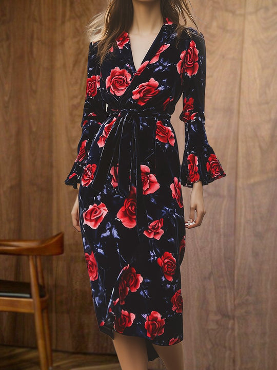 Casual Vintage V-Neck Velvet Rose Print Midi Dress