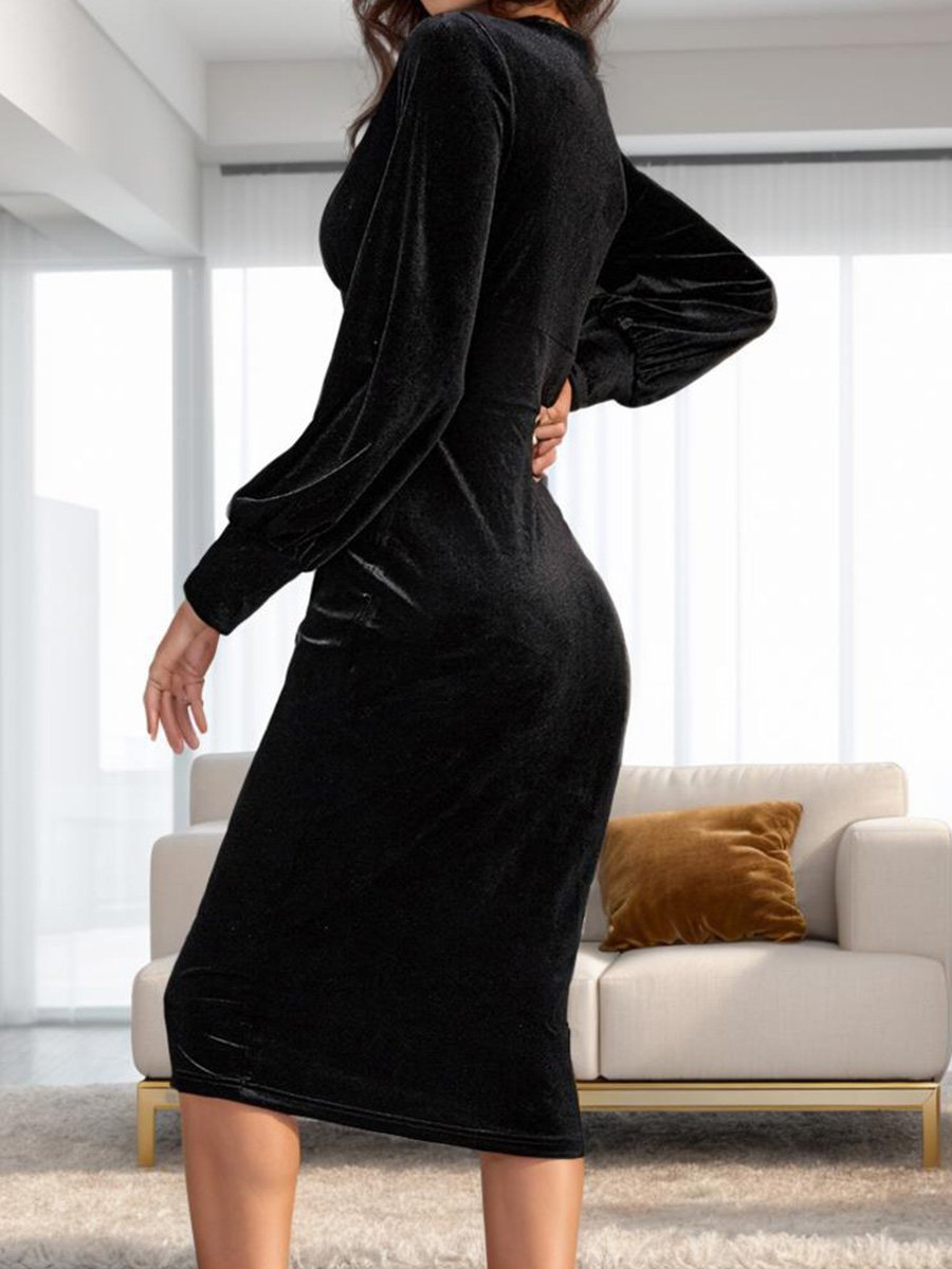 V-neck Velvet Waist Long-sleeved Hip Dress