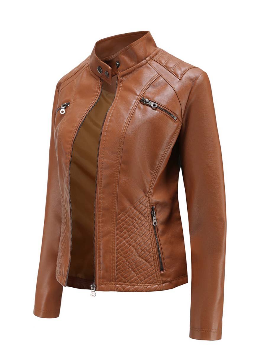 Women's Stand Collar Casual Leather Jacket