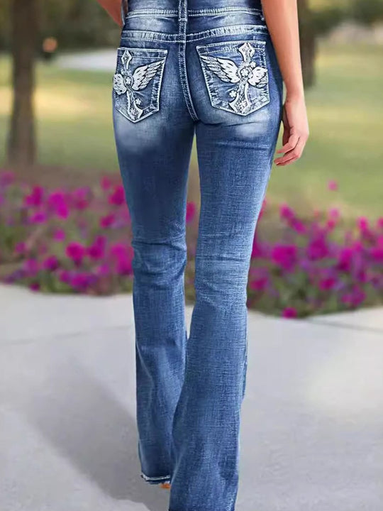 Fashionable and Versatile Elastic Embroidered Bootcut Jeans