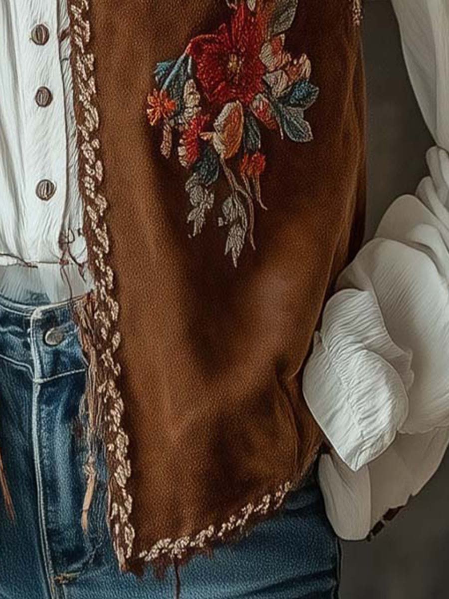 Women's Embroidered Vintage Suede Vest