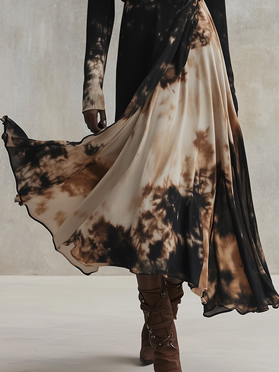 Fashion Round Neck Irregular Tie-dye Long Sleeve Maxi Dress