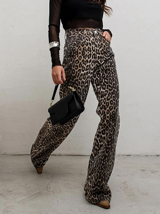 Stylish High Waisted Straight Pants With Leopard Print