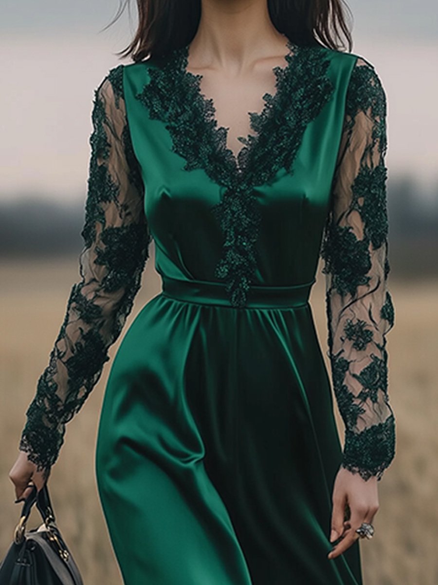 Emerald Satin Maxi Dress with Lace Sleeves