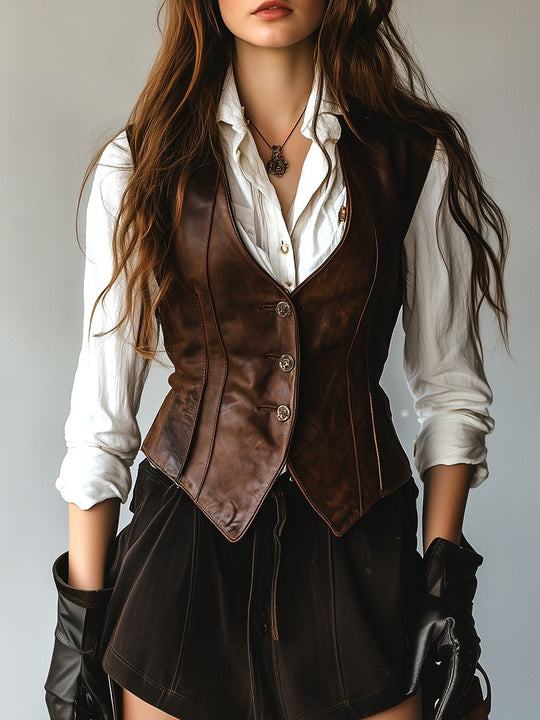 Retro Waist-cinched Button Down Leather Waistcoat