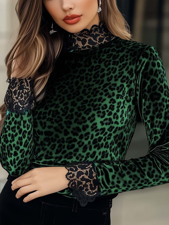 Women's Lace Panel Leopard Printed Velvet T-Shirt