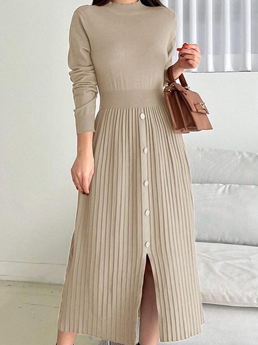 Temperament French Slit Mid-length Round Neck Knitted Dress