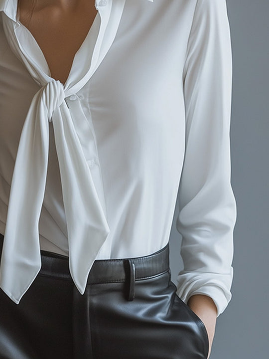 Classic White Delicate Bow Long Sleeve Shirt