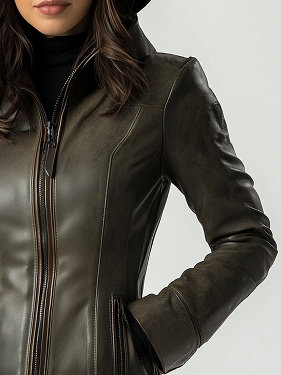 Women's Fashion Vintage Zipper Slim Leather Jacket