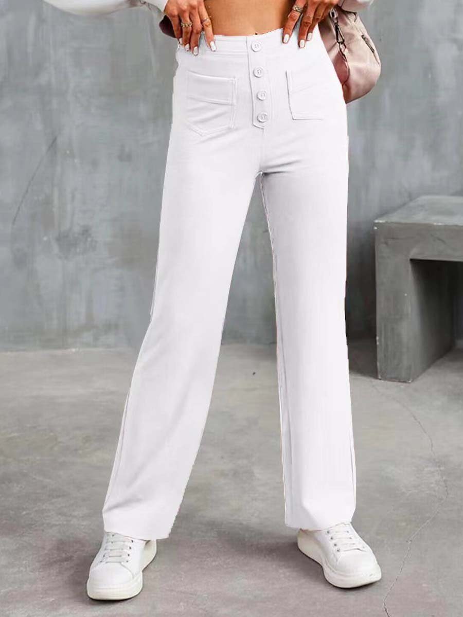 Women's Casual High Waist Button Elastic Straight Pants