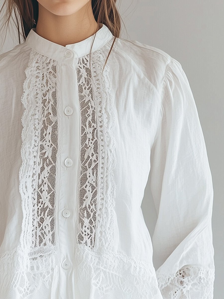 White Stand Collar Lace Hollow Cotton and Linen Long-sleeved Shirt