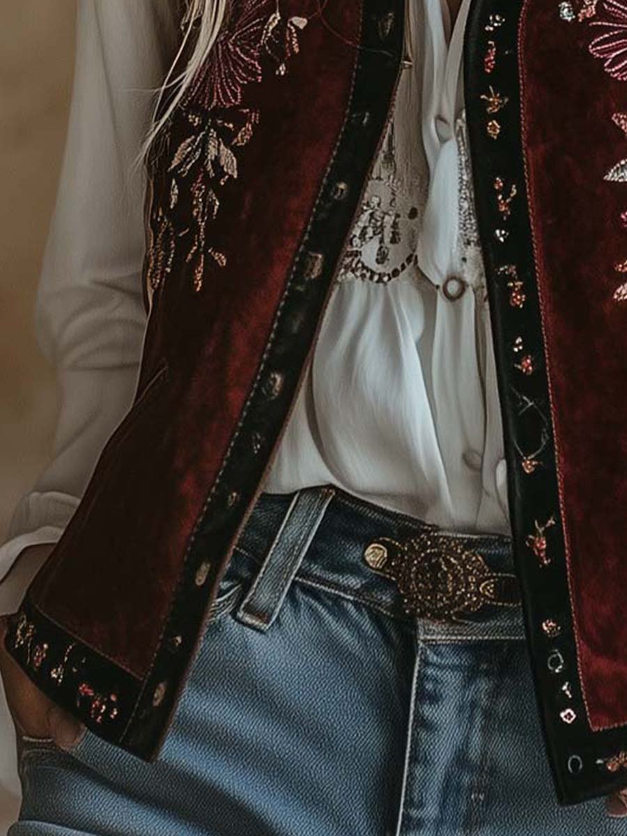 Women's Vintage Contrast Trim Embroidered Suede Vest