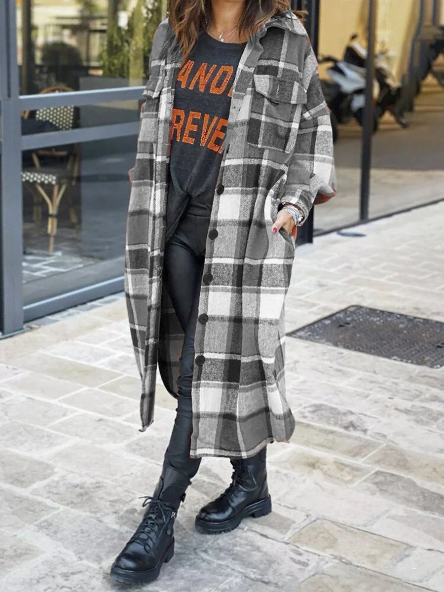 Lapel Side Slit Woolen Plaid Mid-length Coat