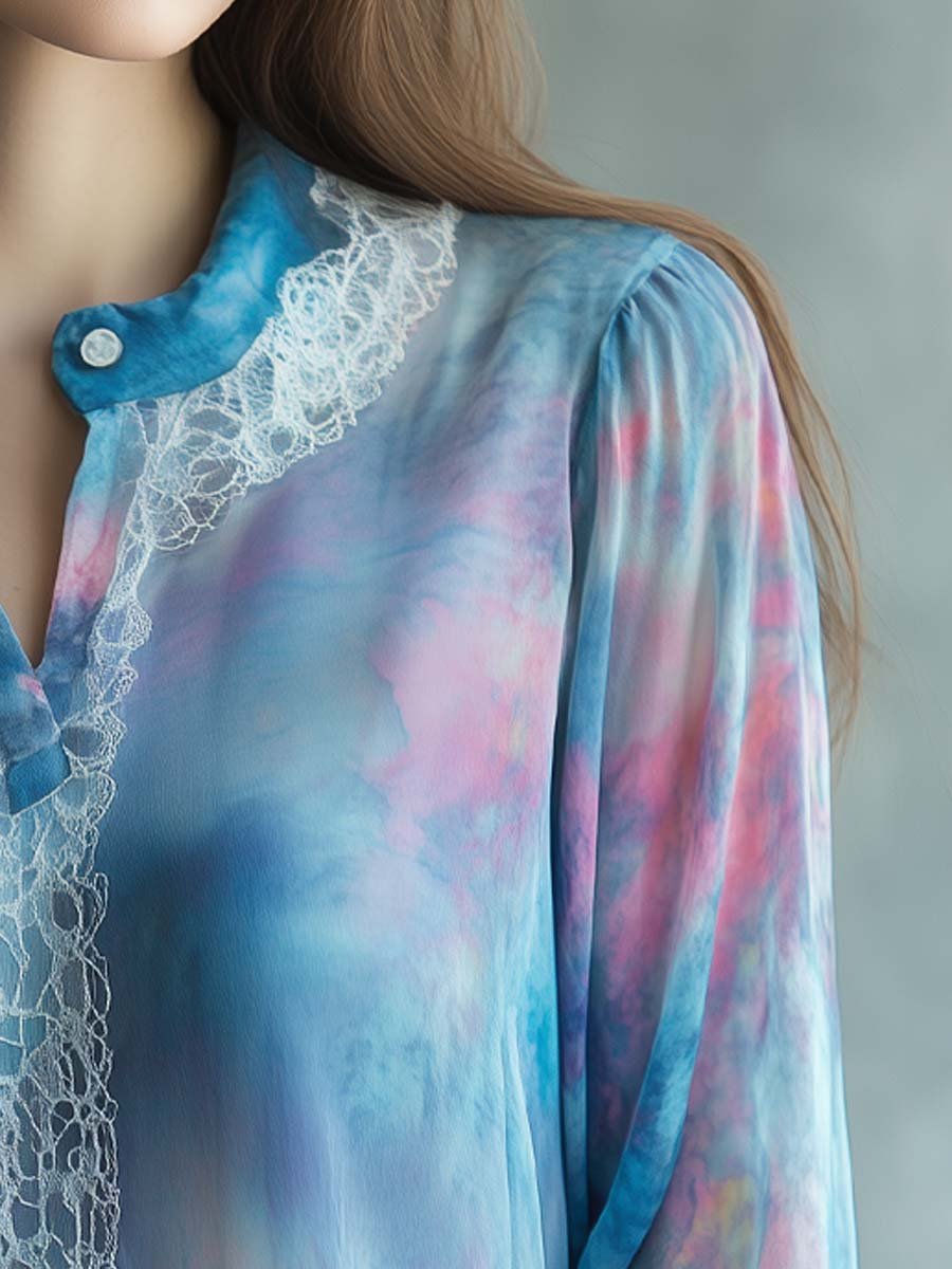 Tie-Dyed Chiffon Lace Trim Shirt