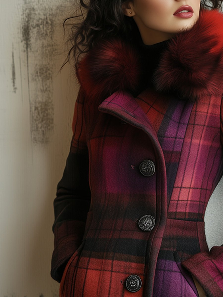 Retro Fur Collar Plaid Wool Slim Mid-length Coat