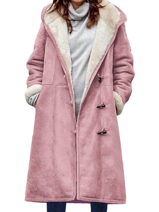 Suede Solid Color Horn Button Pocket Long Thick Plush Coat