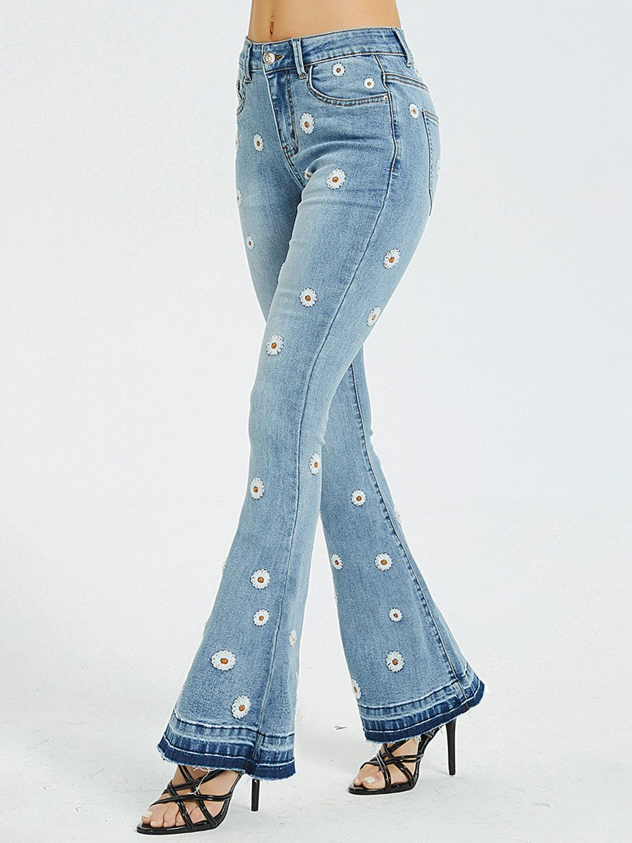 Chic Daisy Embroidered Slim-fit Flared Jeans