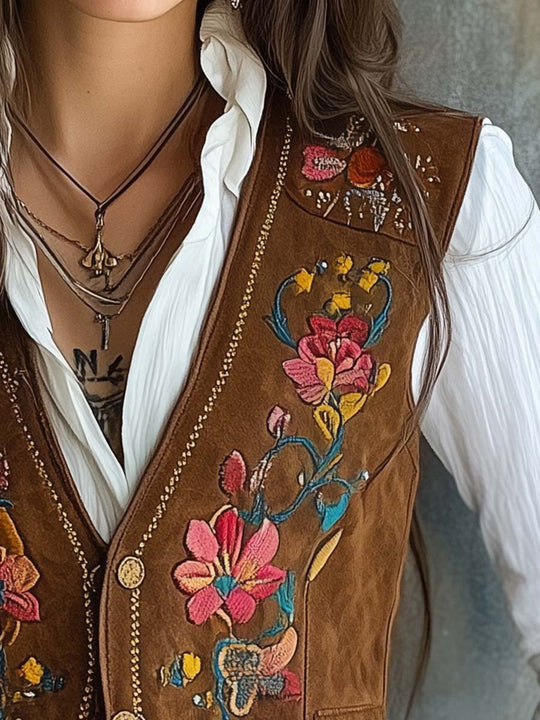 Vintage Gold Trim Flower Embroidered Suede Vest