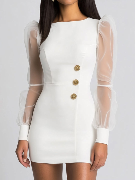 White Bodycon Dress with Sheer Puff Sleeves