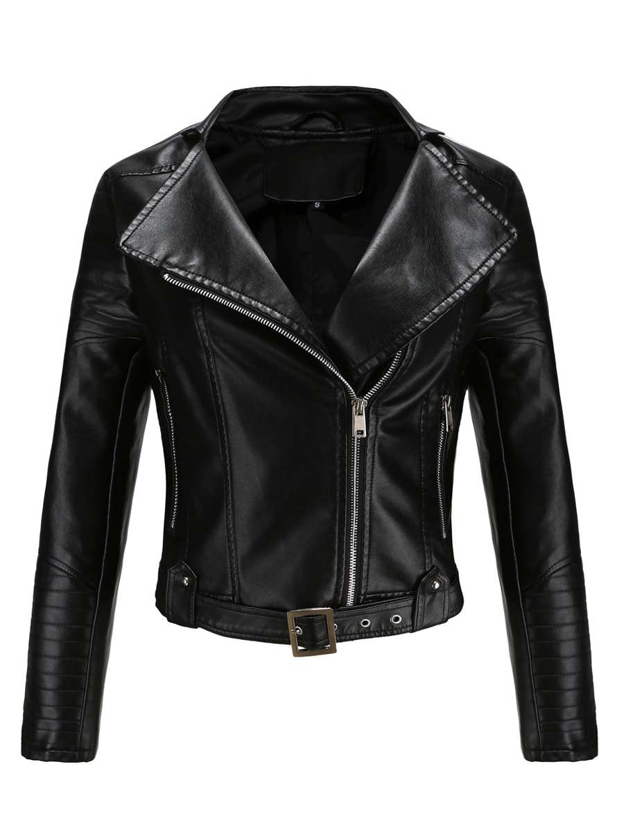 Women's Zippered Lapel Belt Leather Jacket Biker