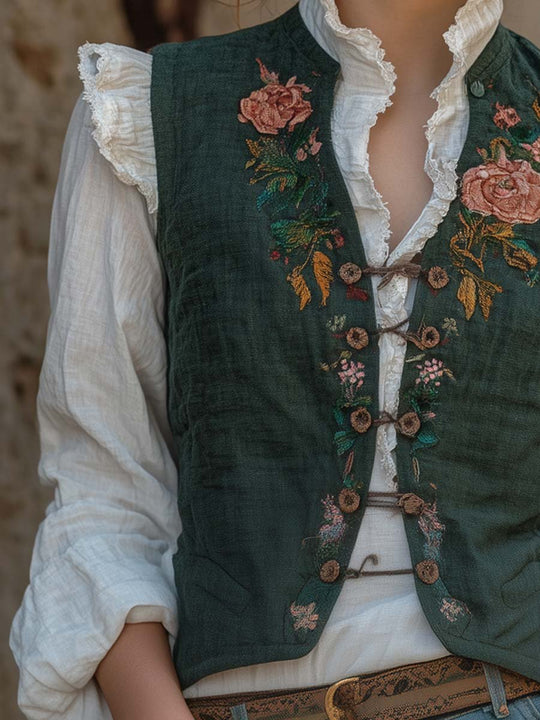 Rustic Elegance Embroidered Green Vintage Vest