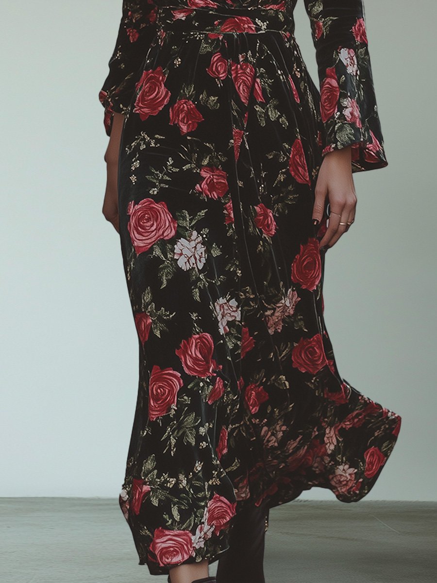 Fashion V-neck Retro Rose Print Maxi Dress