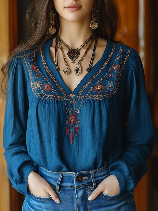 Boho Embroidered V-Neck Blouse with Rustic Charm