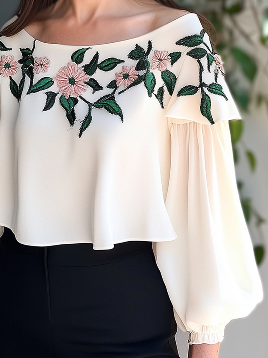 Off-Shoulder Floral Embroidered Blouse with Romantic Charm