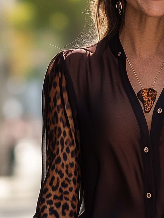 Sheer Leopard Sleeve Button-Up Blouse