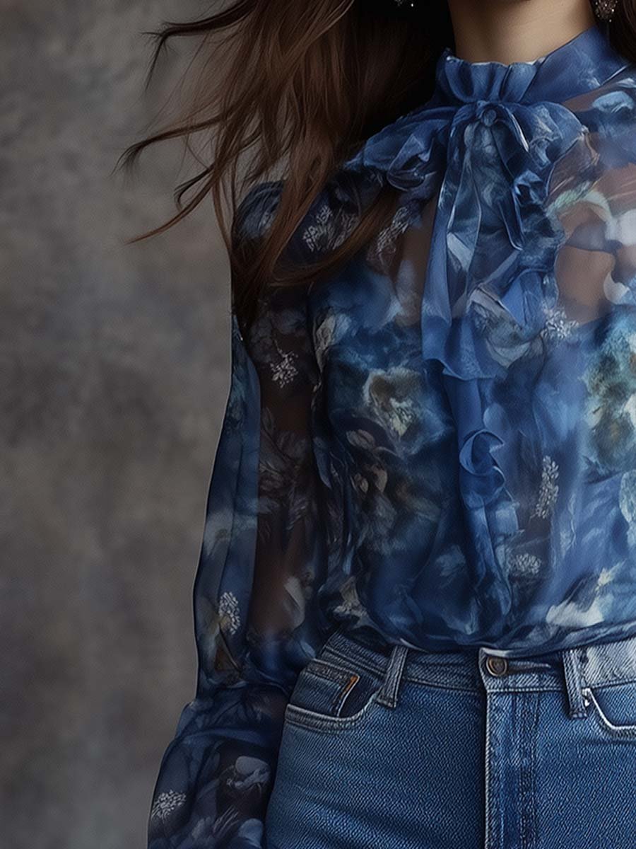 Ocean Dream Sheer Blue Floral Blouse