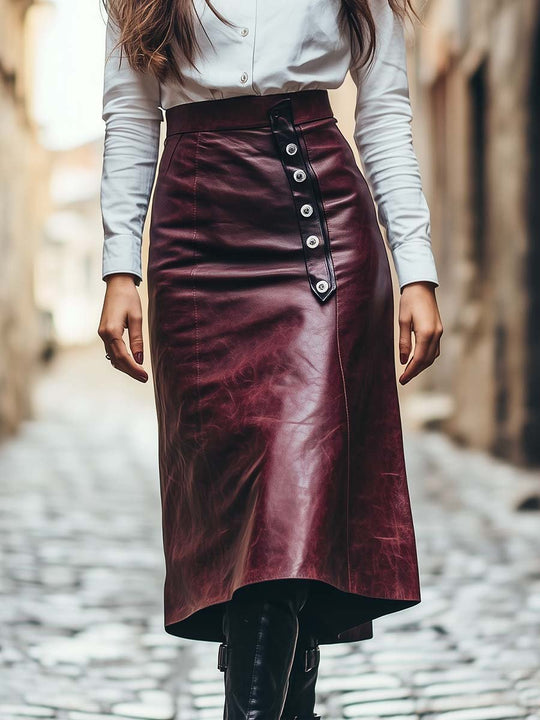 Women's Button Vintage Leather Skirt