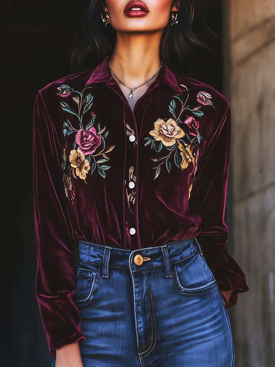 Retro Lapel Flower Embroidery Velvet Long Sleeve Shirt