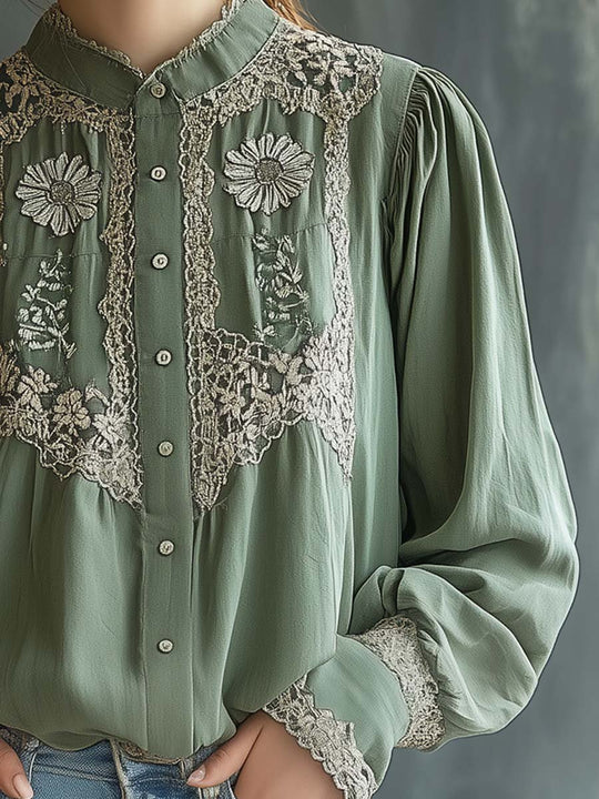 Graceful Green Vintage Blouse with Lace Embroidery