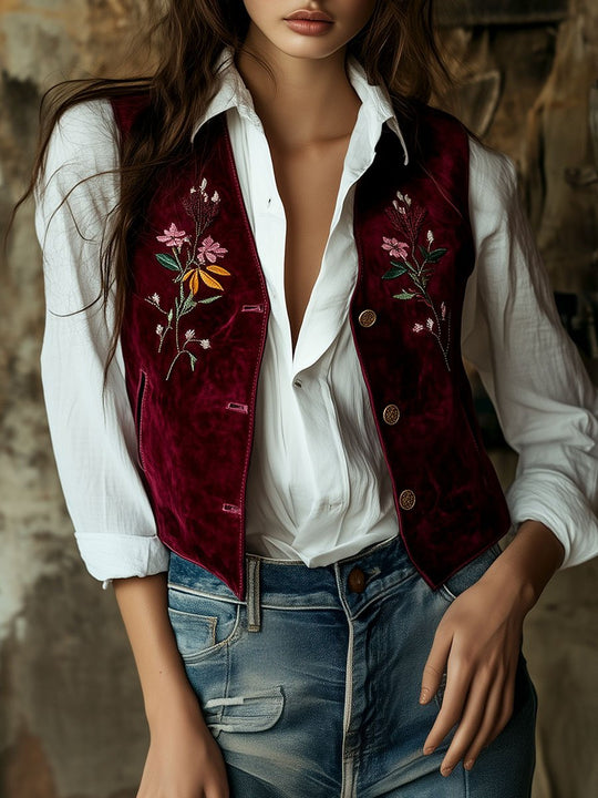 Retro Asymmetric Embroidery Side Pocket Suede Vest