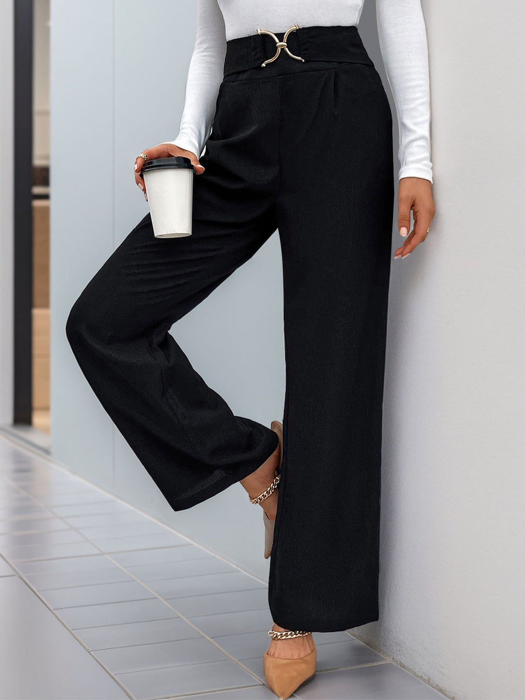 Simple Chic Decorative Buttons High Waist Straight-Leg Pants