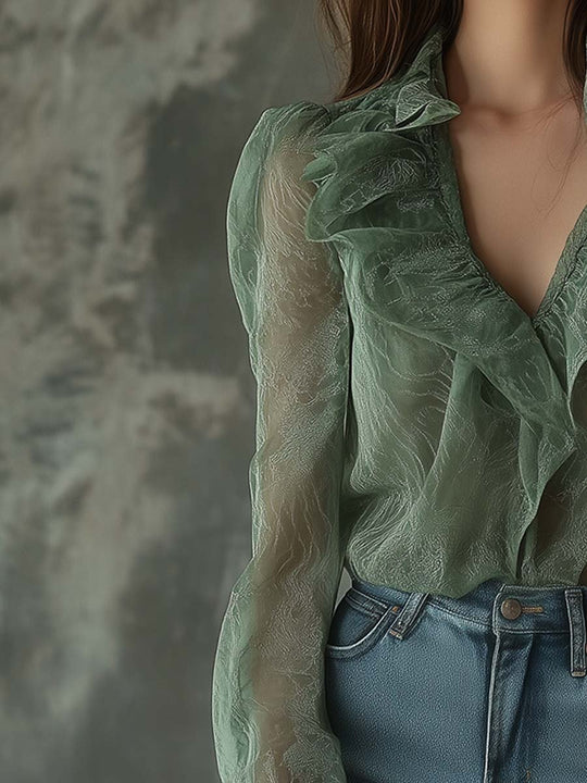 Romantic Green Ruffle Blouse