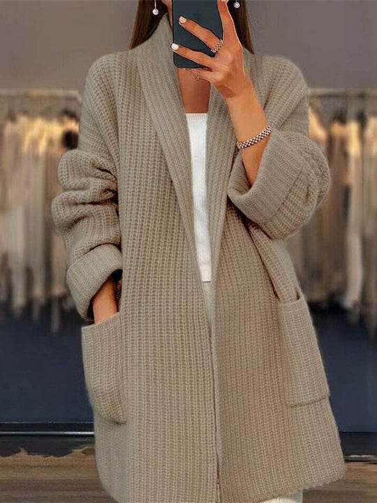 Solid Color V-Neck Pocket Knitted Cardigan