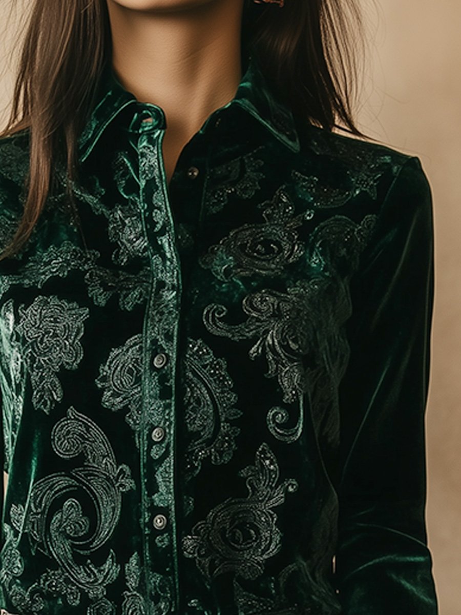 Casual Vintage Print Velvet Long Sleeve Shirt