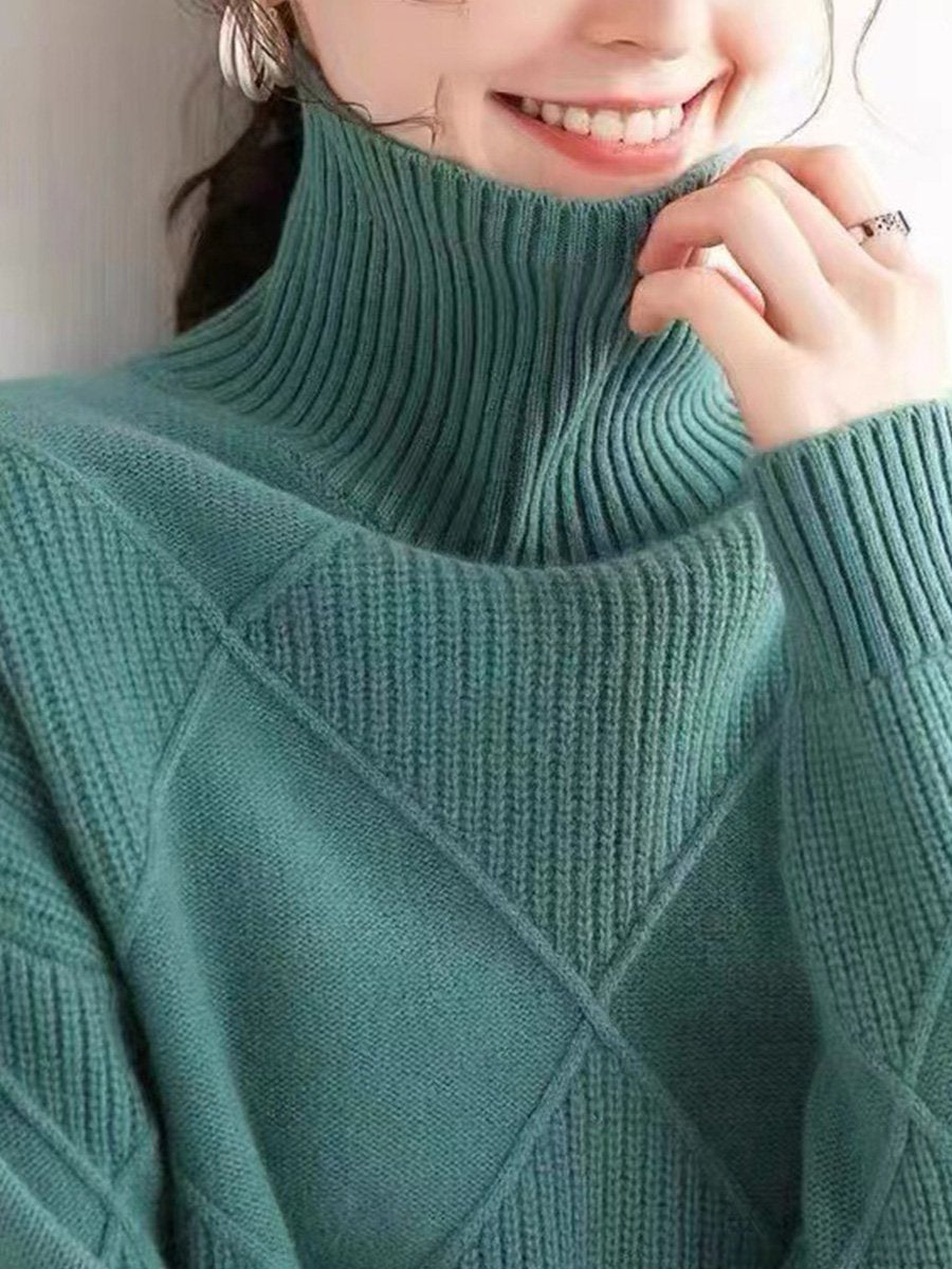 High Collar Pullover Diamond Shaped All-match Solid Color Sweater