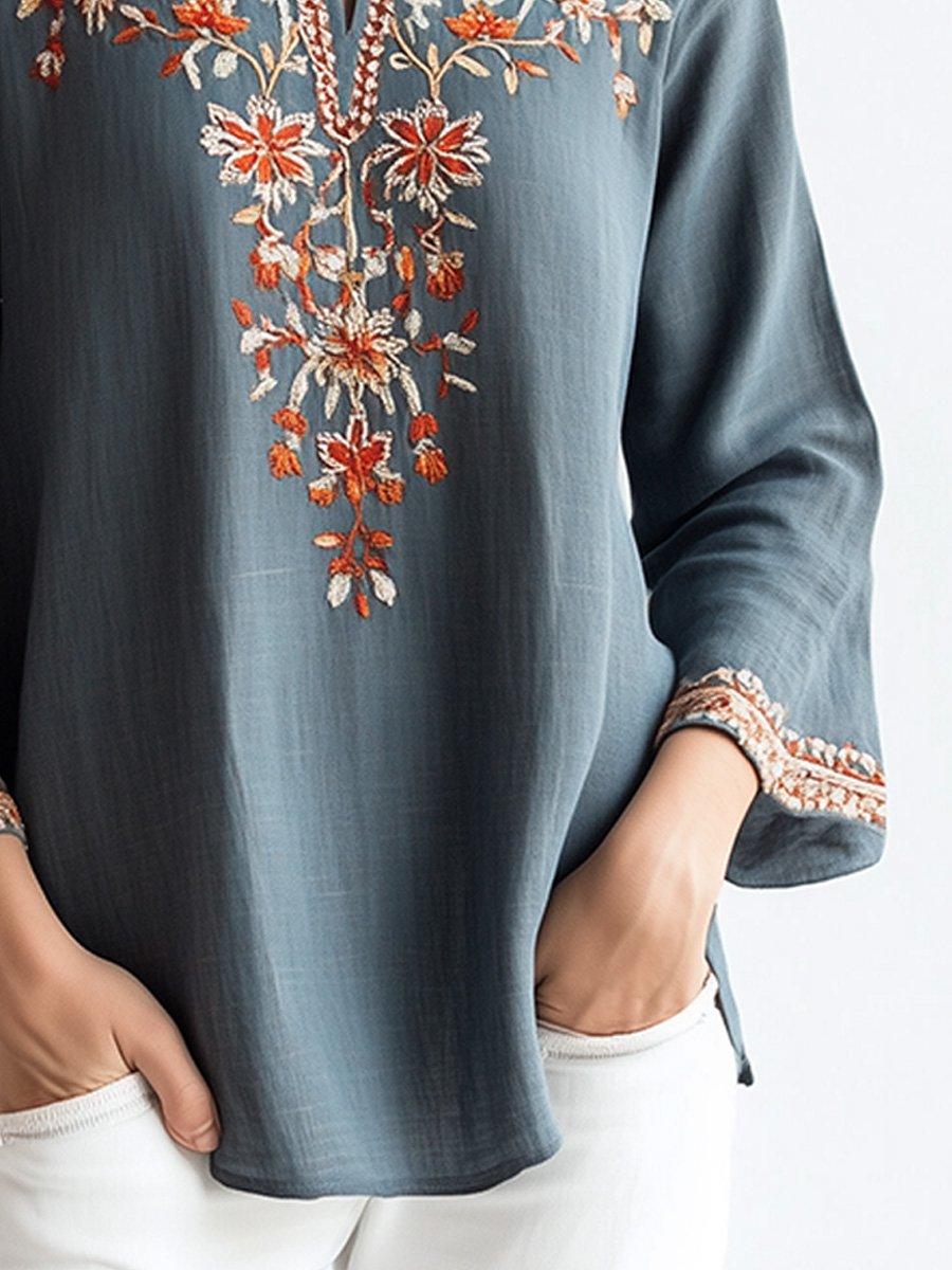 Bohemian Chic Embroidered Tunic Cotton and Linen Blouse