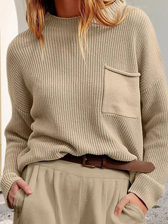 Crew Neck Long Sleeve Pocket Knitted Sweater